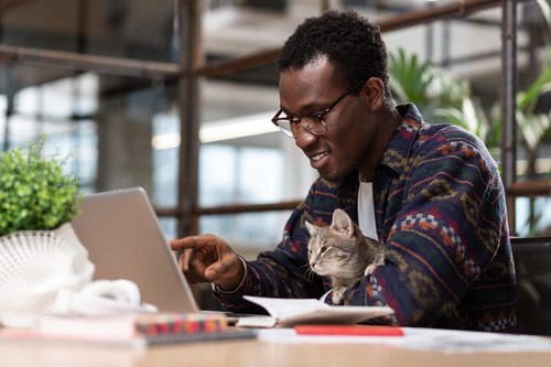 male-pet-owner-sitting-at-desk-with-kitten-while-using-laptop
