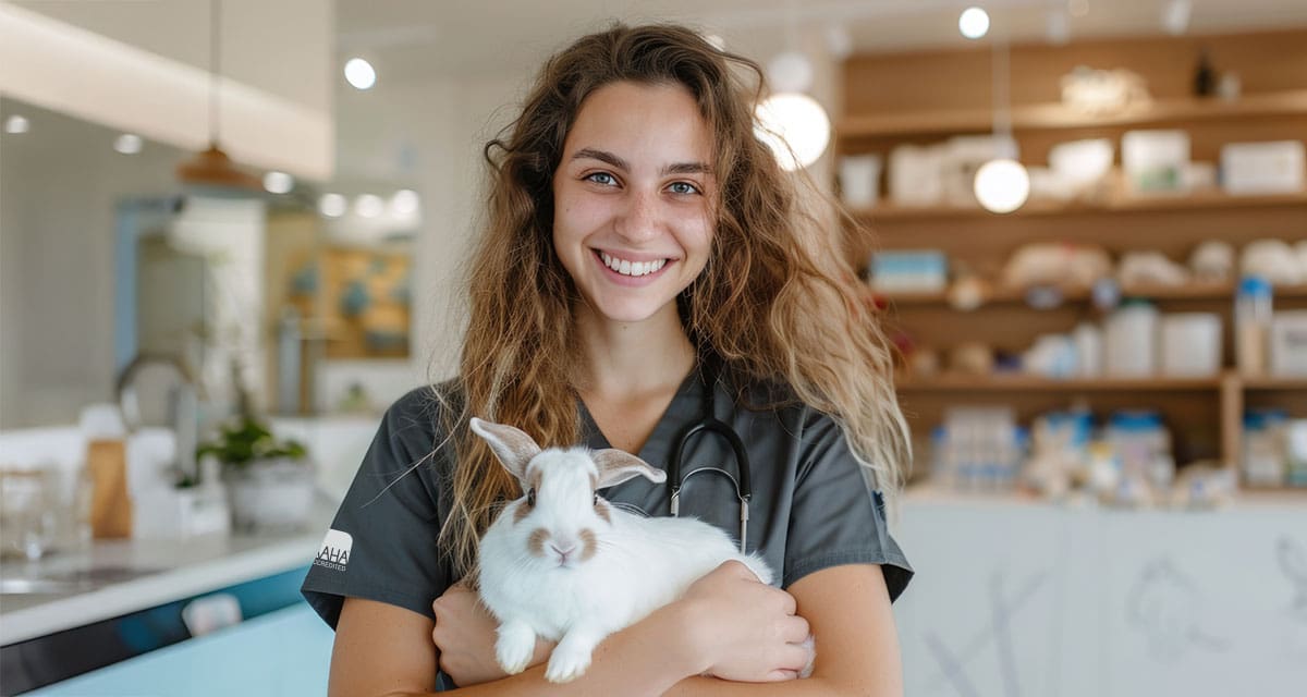 veterinary technician holding a white and brown bunny while posing for a photo