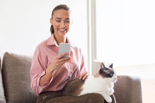 female pet owner on her cell phone with cat in her lap while sitting on the couch at home
