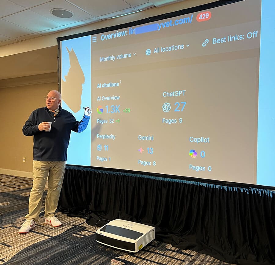 man giving presentation about ai overviews