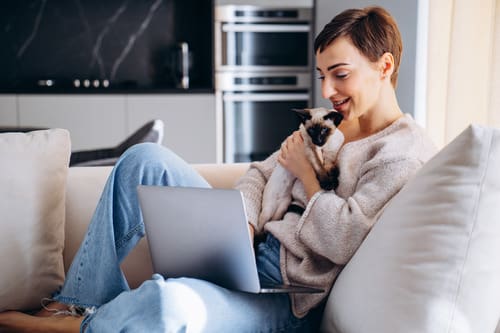 female pet owner holding her cat on the couch while looking at her laptop at home