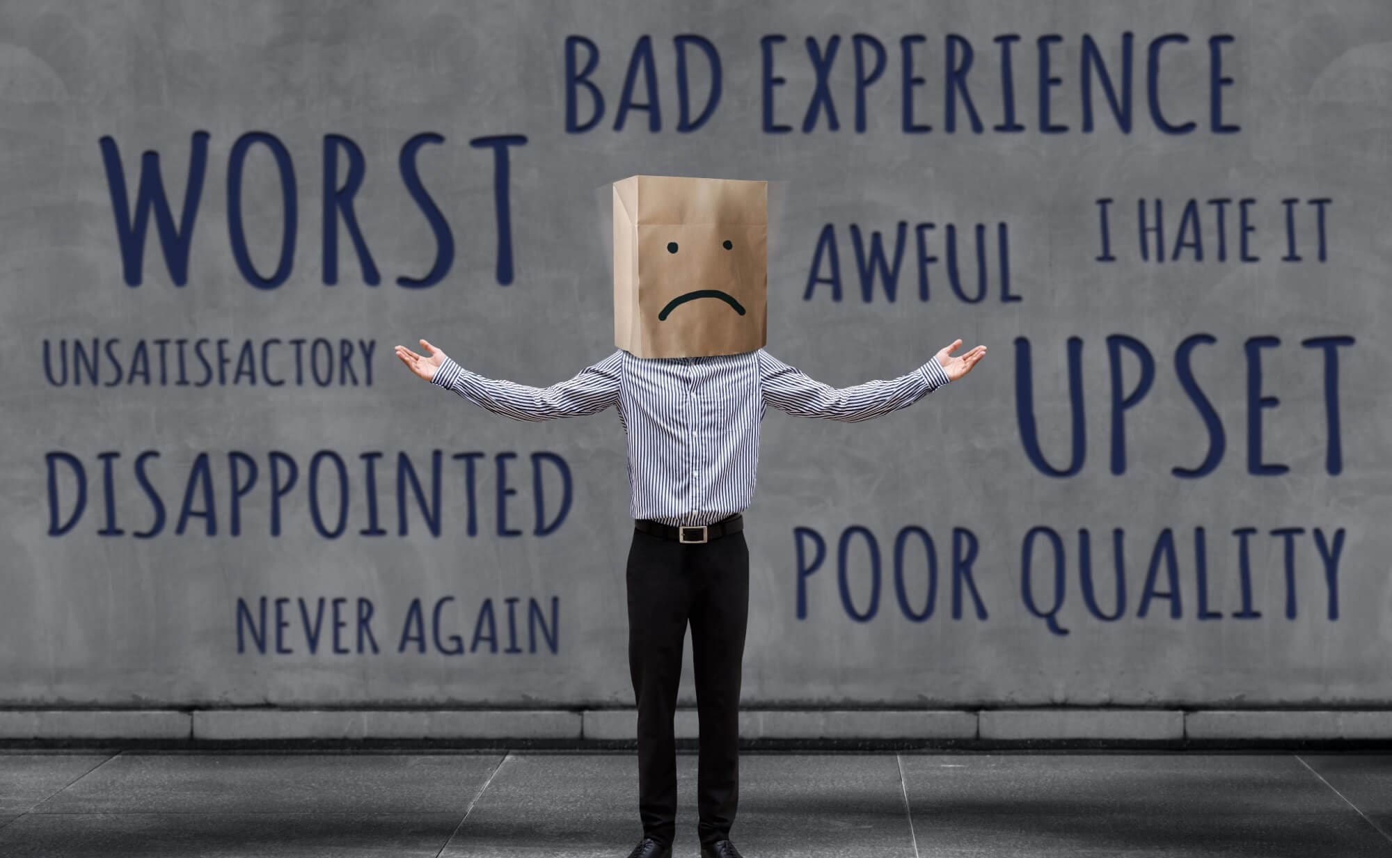 negative review background, man with bag over head with sad face