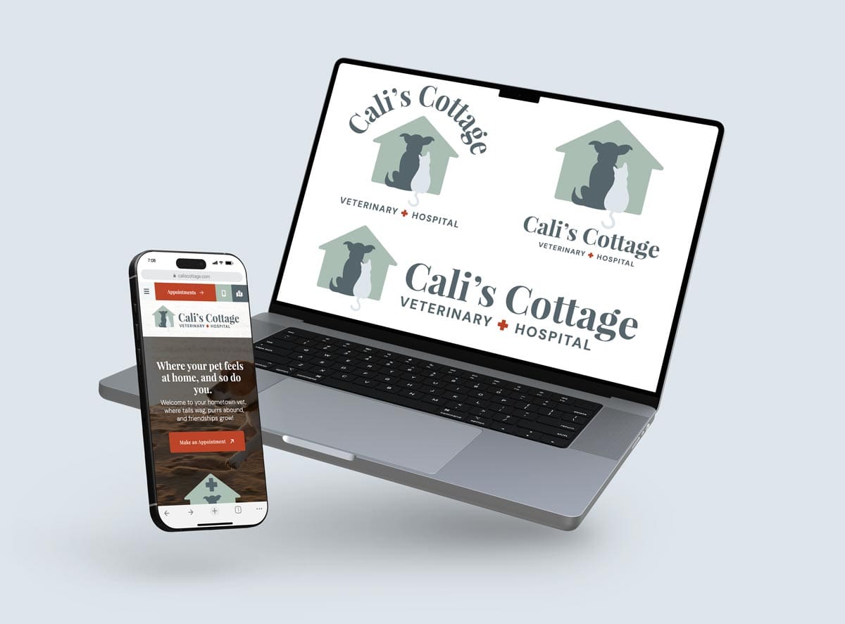 smartphone mockup of website and computer mockup showing logo variations of Cali's Cottage logos