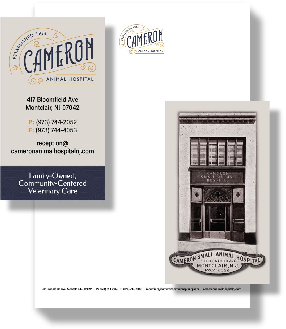 mockups of letterhead and business cards for Cameron Animal Hospital