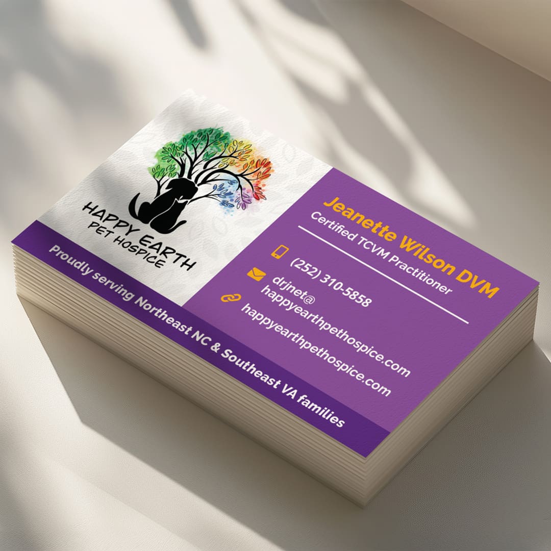 mockup of business cards for Happy Earth Pet Hospice