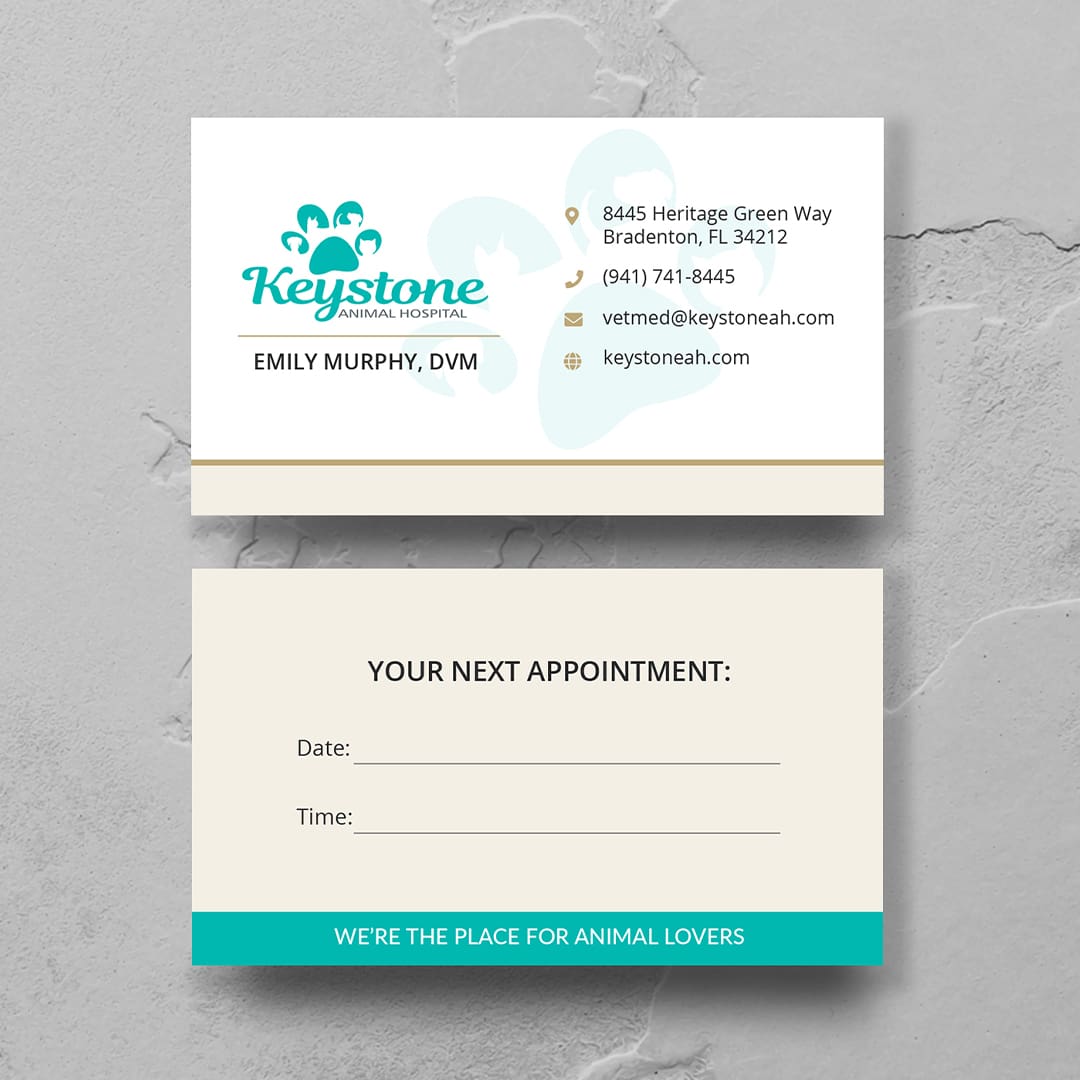mockup of front and back of appointment card for Keystone Animal Hospital
